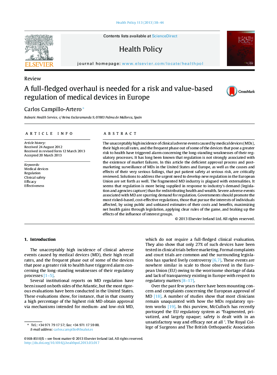 A full-fledged overhaul is needed for a risk and value-based regulation of medical devices in Europe