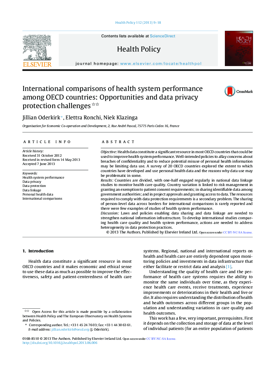 International comparisons of health system performance among OECD countries: Opportunities and data privacy protection challenges