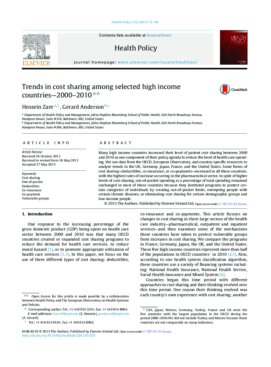 Trends in cost sharing among selected high income countries-2000-2010