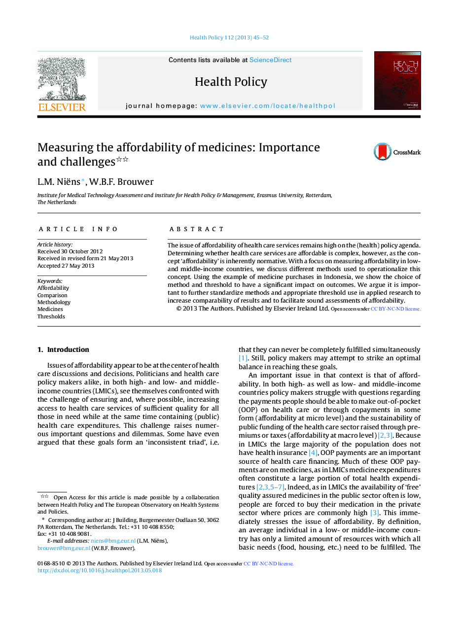 Measuring the affordability of medicines: Importance and challenges