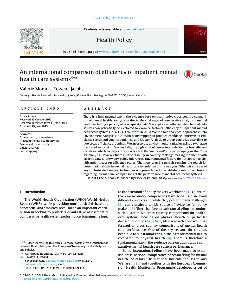 An international comparison of efficiency of inpatient mental health care systems