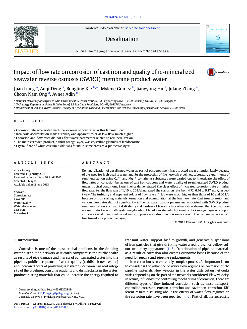 Impact of flow rate on corrosion of cast iron and quality of re-mineralized seawater reverse osmosis (SWRO) membrane product water