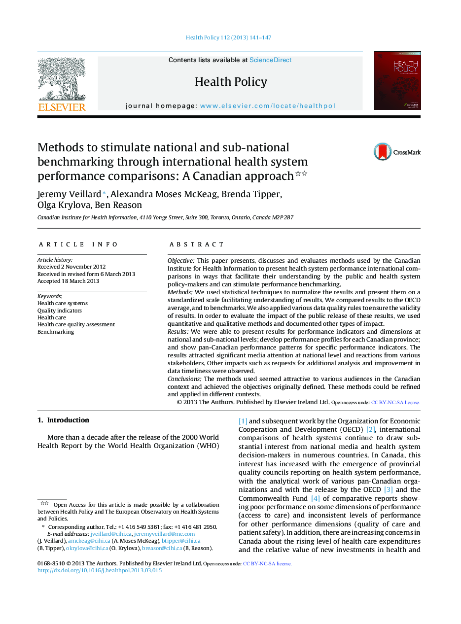 Methods to stimulate national and sub-national benchmarking through international health system performance comparisons: A Canadian approach