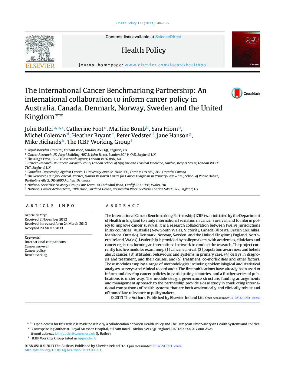 The International Cancer Benchmarking Partnership: An international collaboration to inform cancer policy in Australia, Canada, Denmark, Norway, Sweden and the United Kingdom