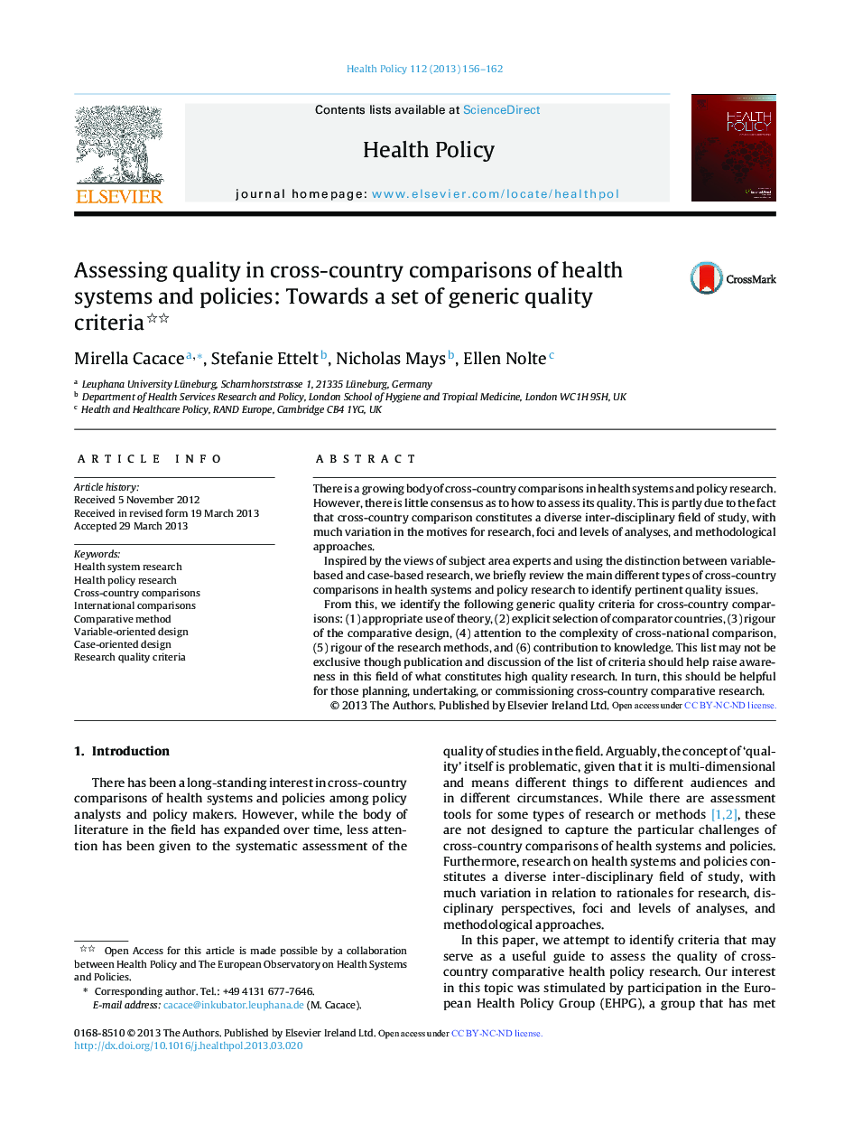 Assessing quality in cross-country comparisons of health systems and policies: Towards a set of generic quality criteria