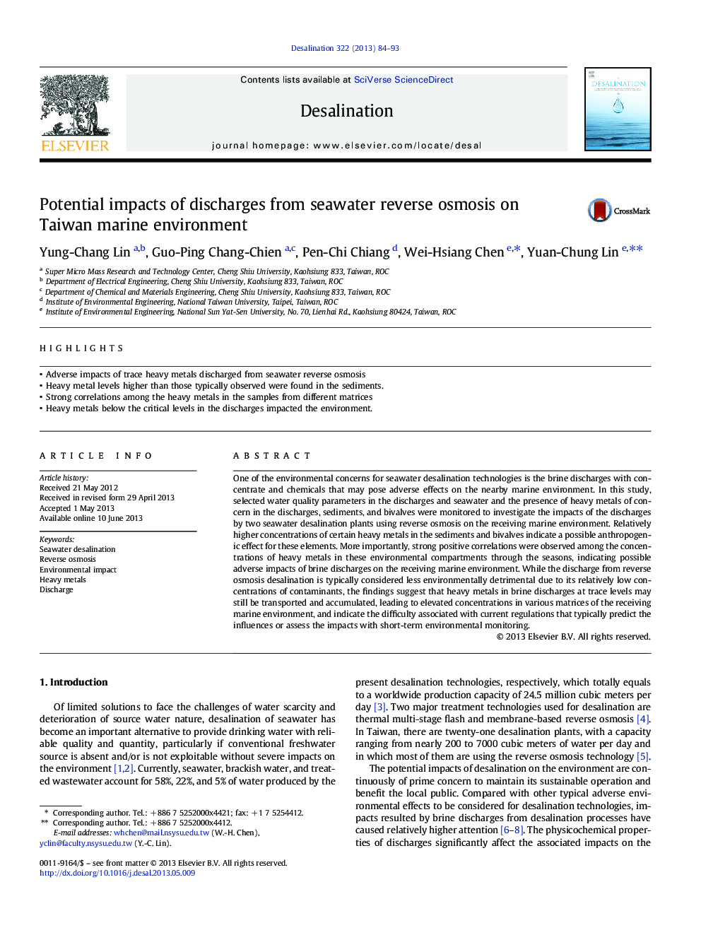 Potential impacts of discharges from seawater reverse osmosis on Taiwan marine environment