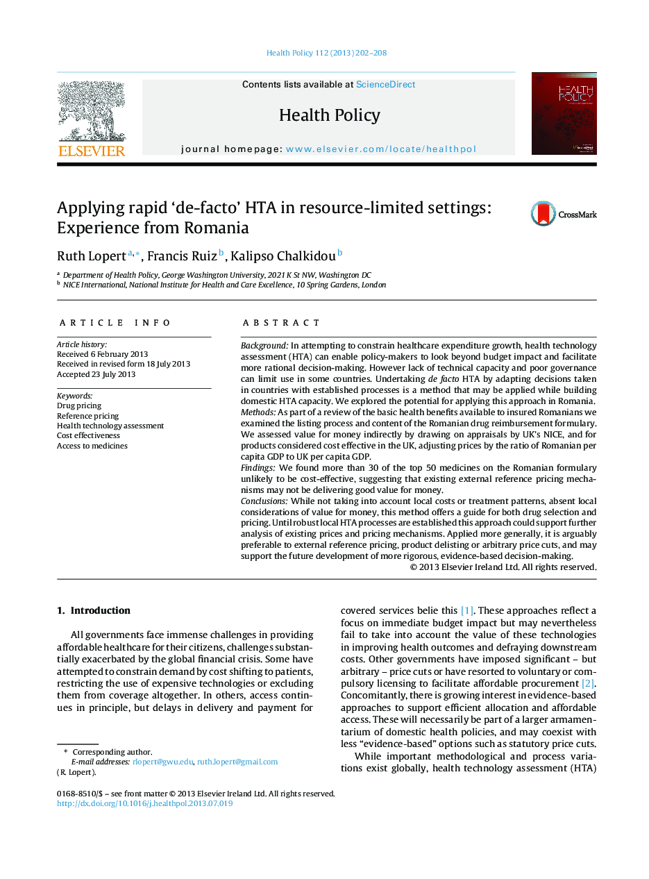 Applying rapid 'de-facto' HTA in resource-limited settings: Experience from Romania