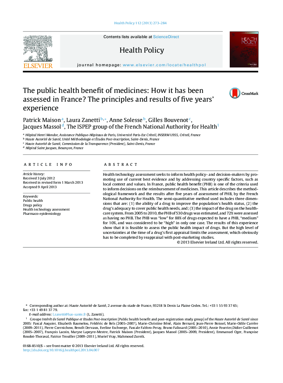 The public health benefit of medicines: How it has been assessed in France? The principles and results of five years' experience