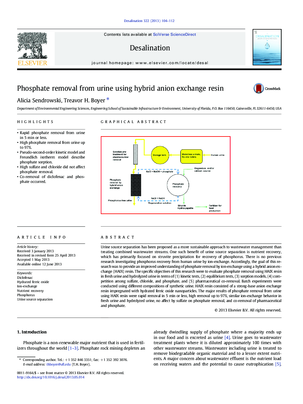 Phosphate removal from urine using hybrid anion exchange resin