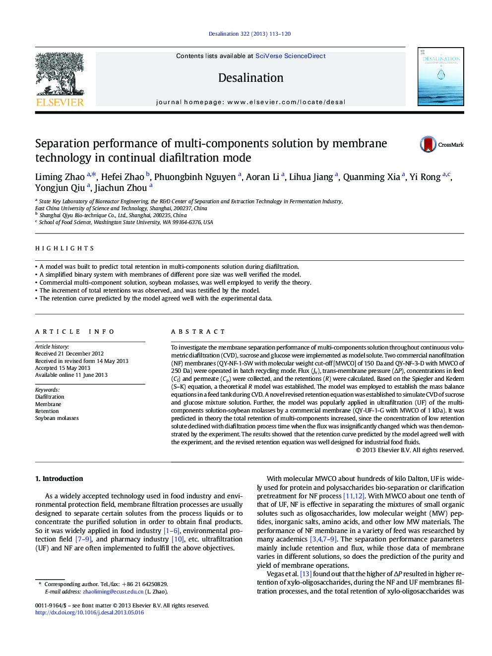 Separation performance of multi-components solution by membrane technology in continual diafiltration mode