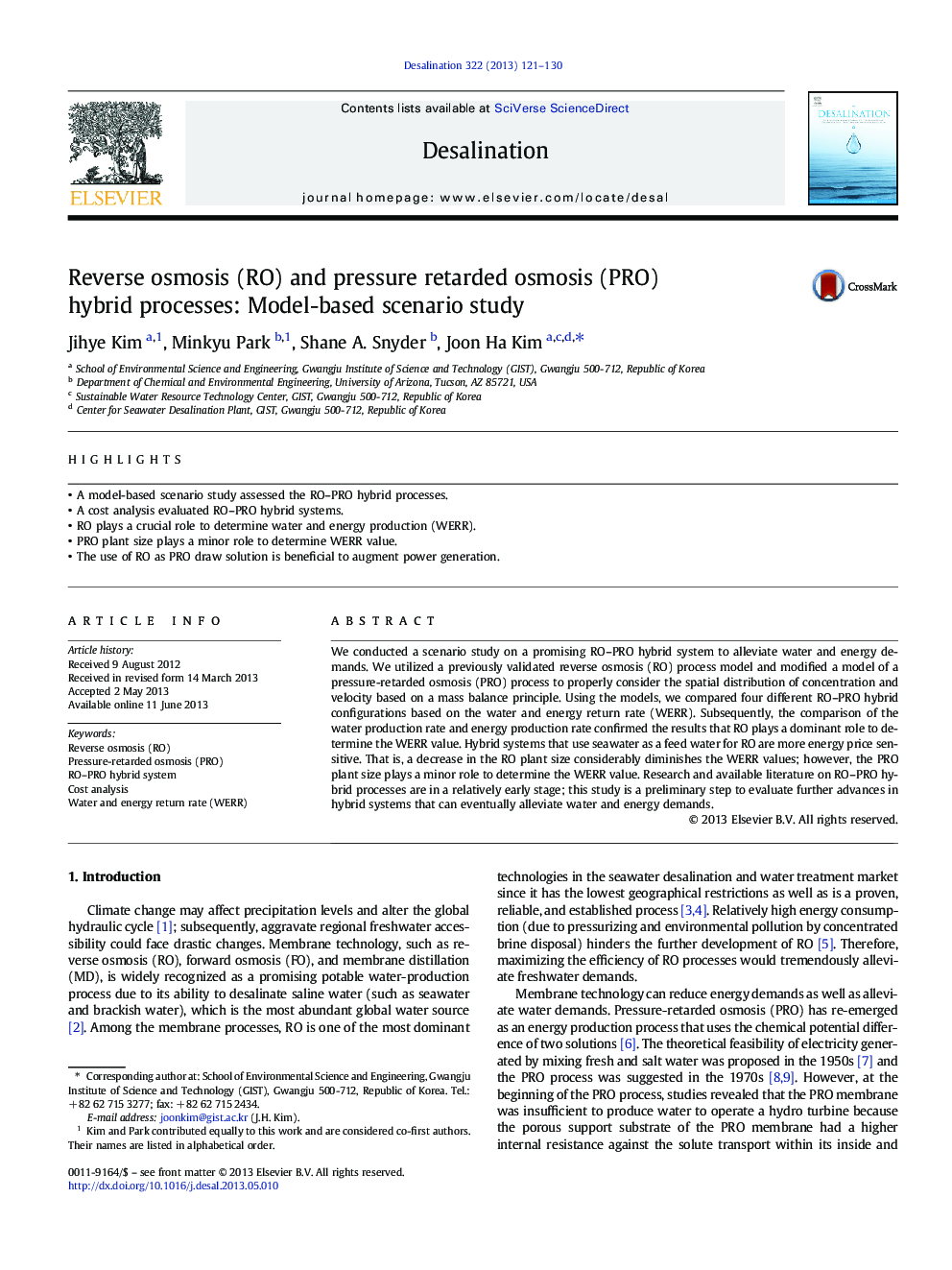 Reverse osmosis (RO) and pressure retarded osmosis (PRO) hybrid processes: Model-based scenario study