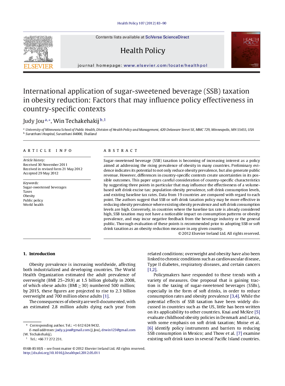 International application of sugar-sweetened beverage (SSB) taxation in obesity reduction: Factors that may influence policy effectiveness in country-specific contexts