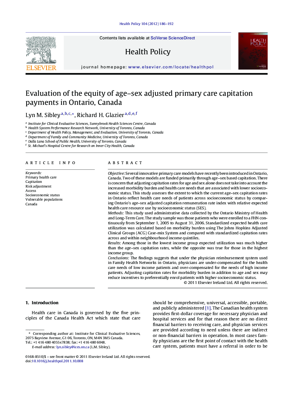 Evaluation of the equity of age-sex adjusted primary care capitation payments in Ontario, Canada