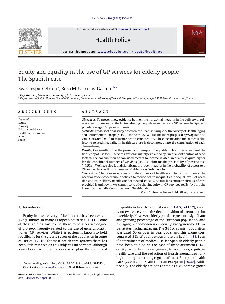 Equity and equality in the use of GP services for elderly people: The Spanish case