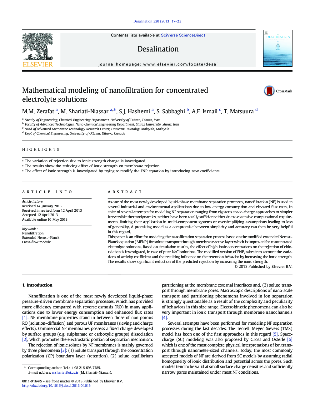 Mathematical modeling of nanofiltration for concentrated electrolyte solutions