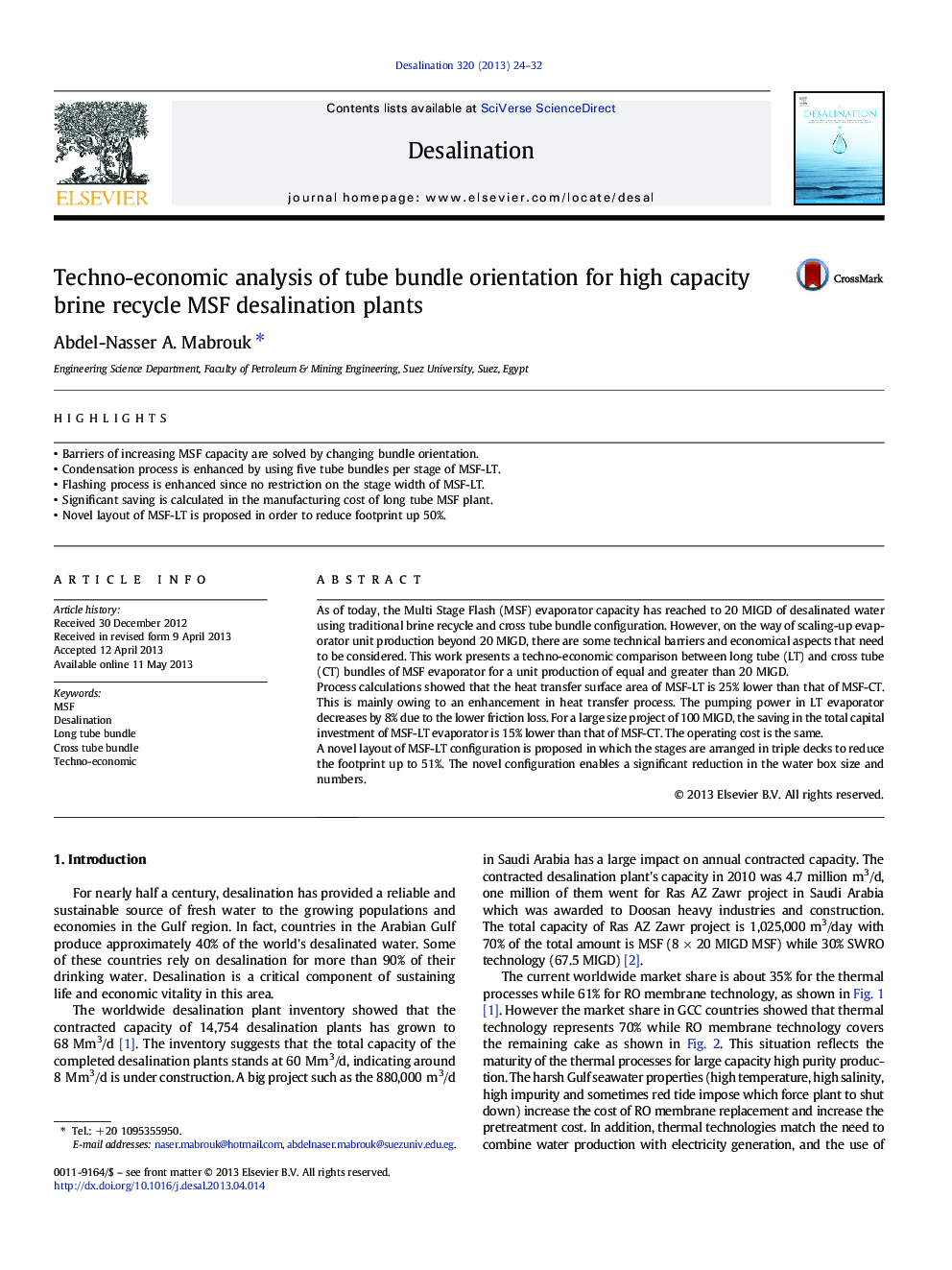 Techno-economic analysis of tube bundle orientation for high capacity brine recycle MSF desalination plants