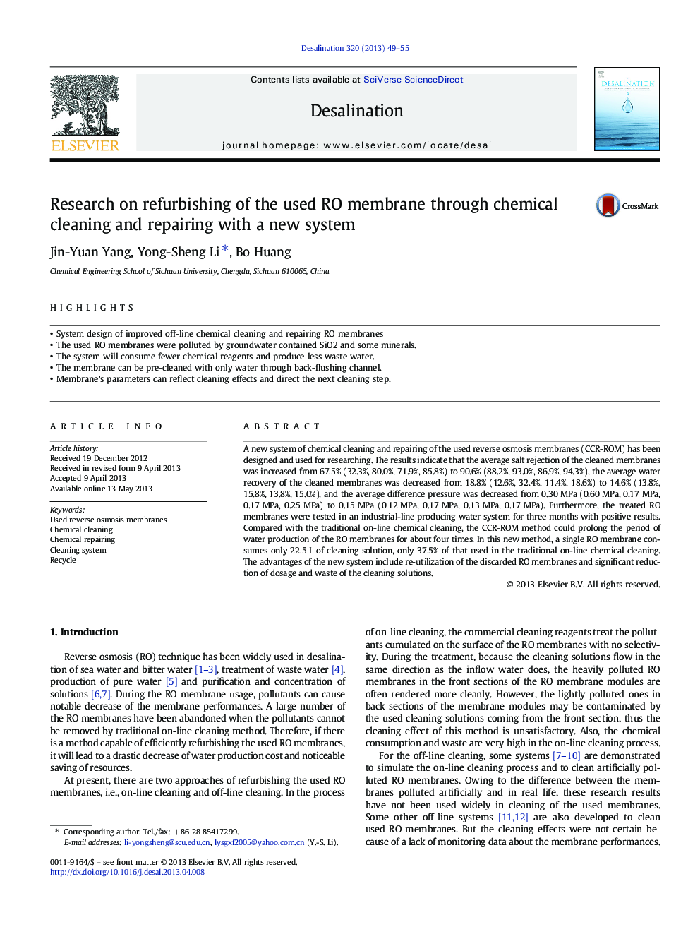 Research on refurbishing of the used RO membrane through chemical cleaning and repairing with a new system