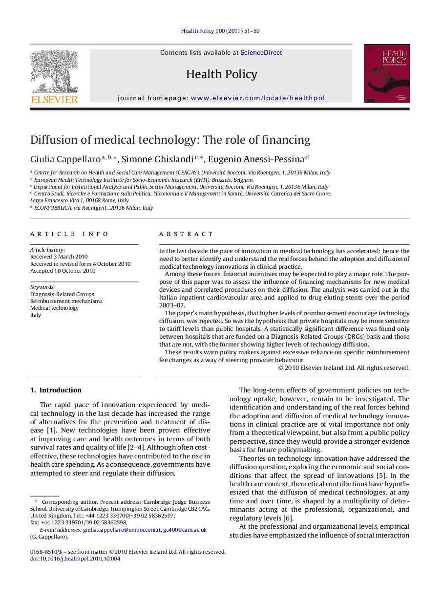 Diffusion of medical technology: The role of financing