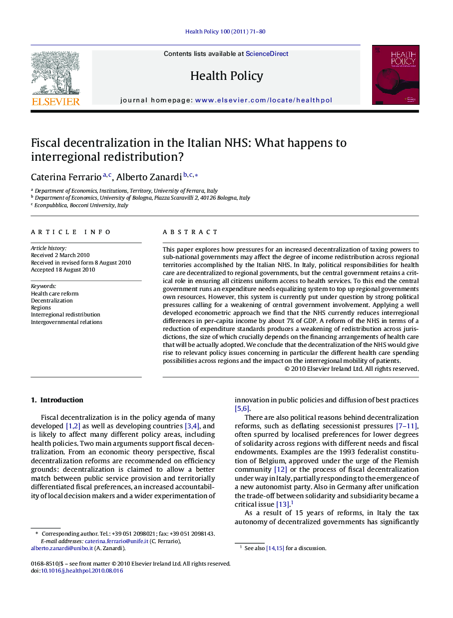 Fiscal decentralization in the Italian NHS: What happens to interregional redistribution?