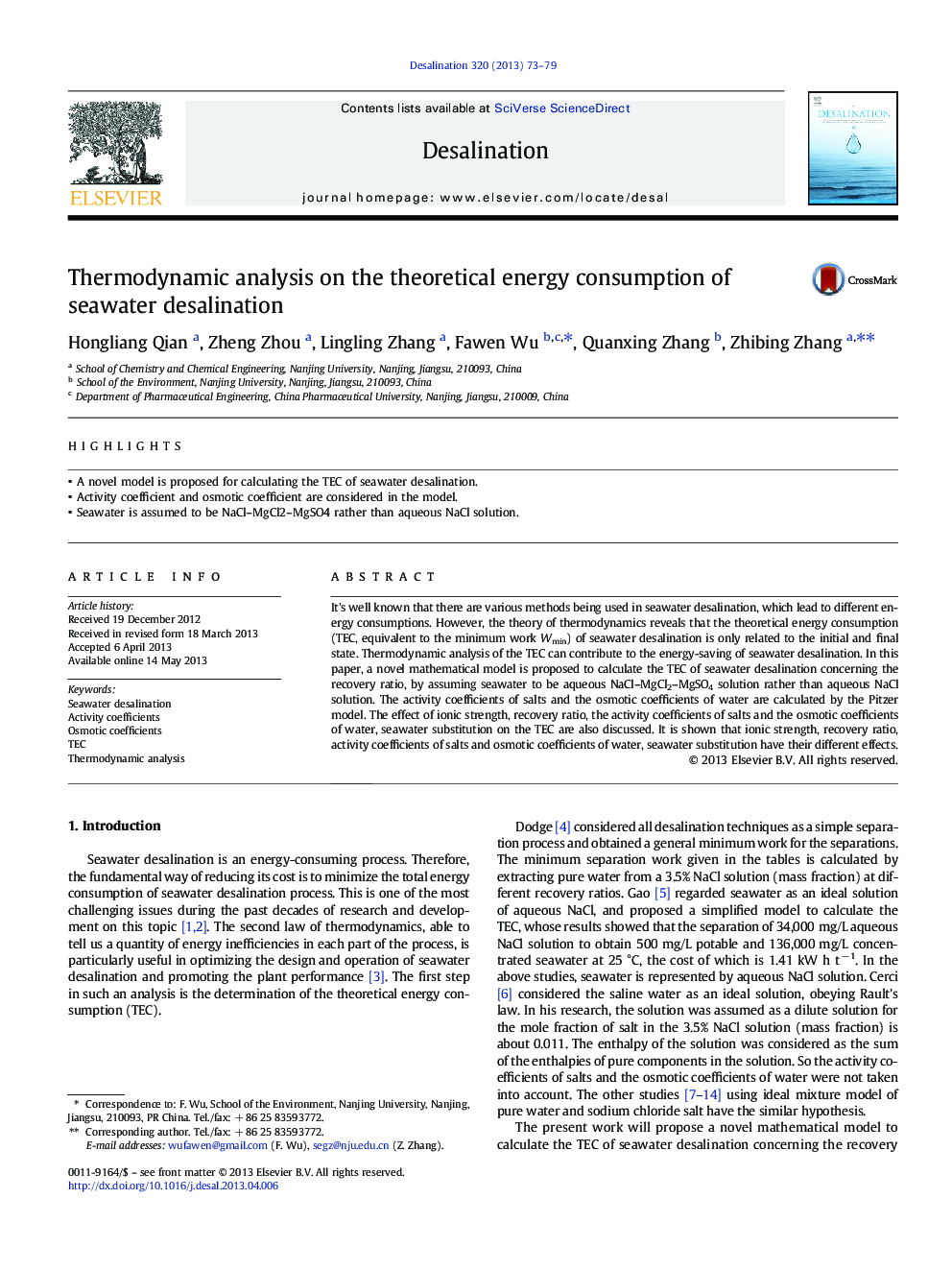 Thermodynamic analysis on the theoretical energy consumption of seawater desalination