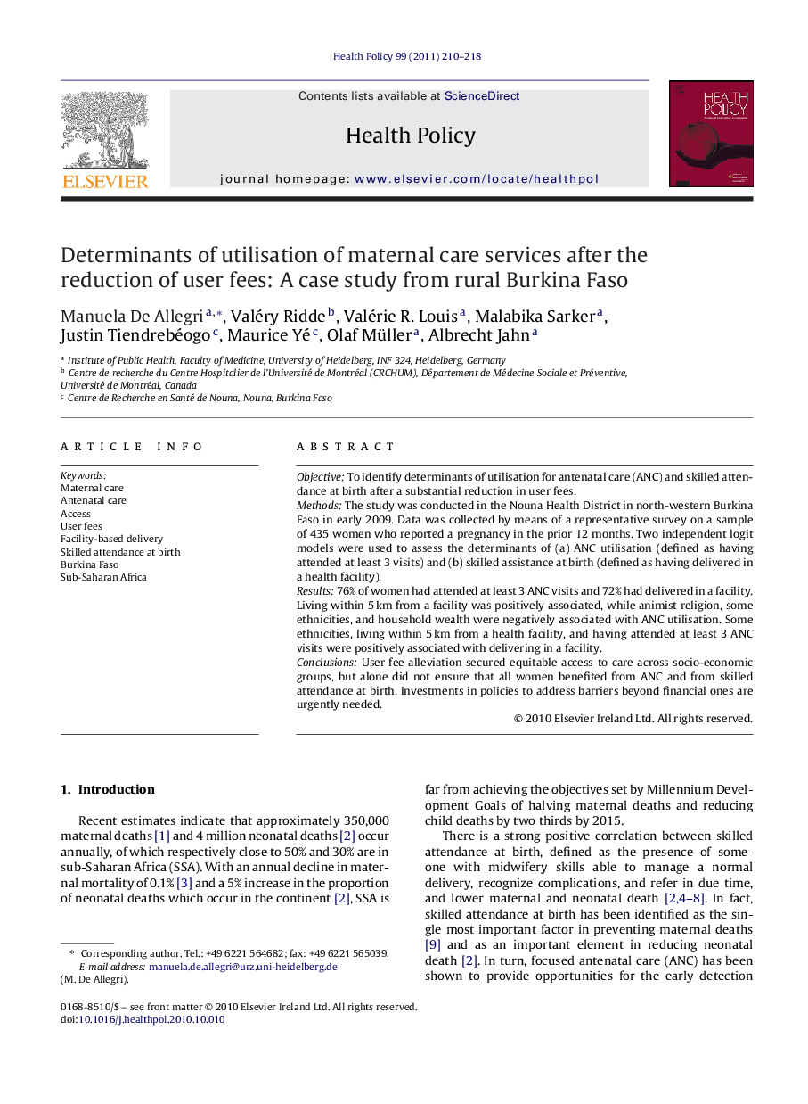 Determinants of utilisation of maternal care services after the reduction of user fees: A case study from rural Burkina Faso