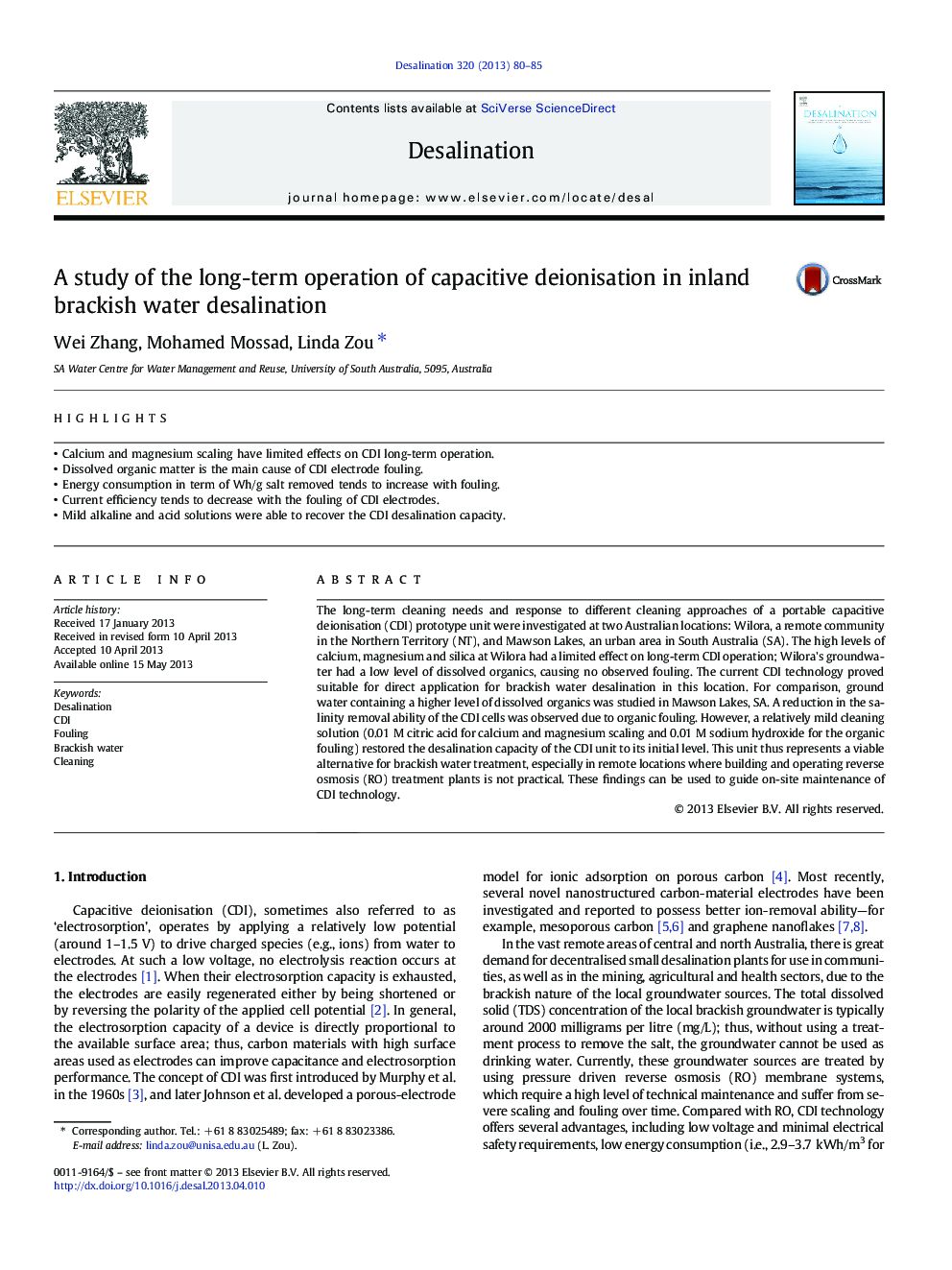 A study of the long-term operation of capacitive deionisation in inland brackish water desalination