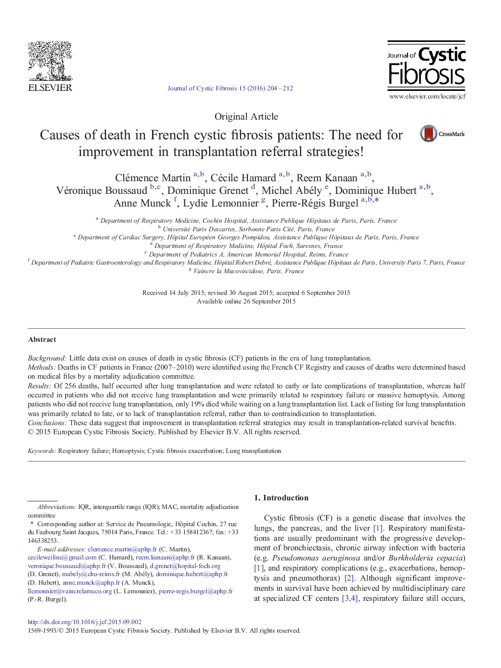Causes of death in French cystic fibrosis patients: The need for improvement in transplantation referral strategies!