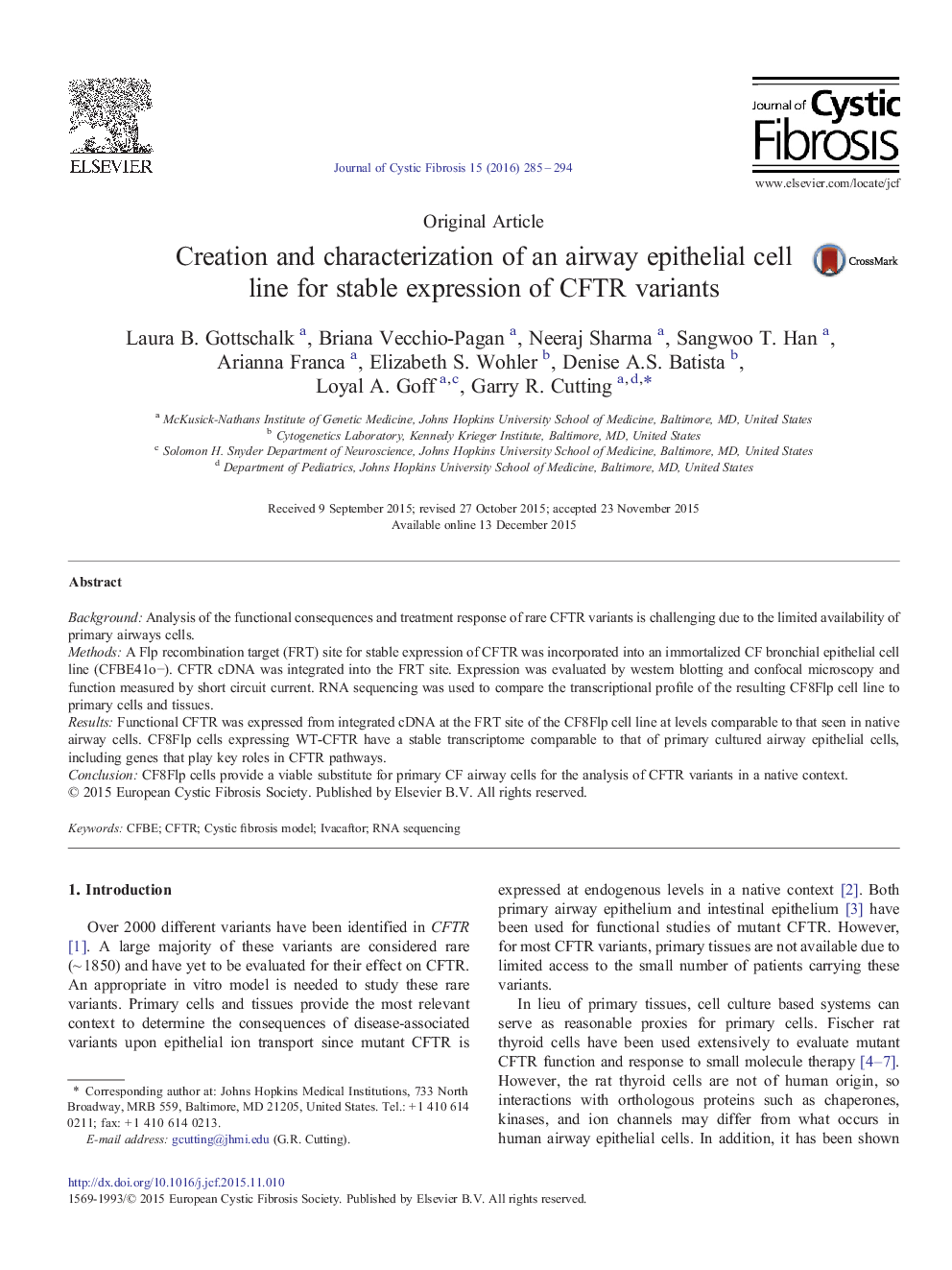 Creation and characterization of an airway epithelial cell line for stable expression of CFTR variants