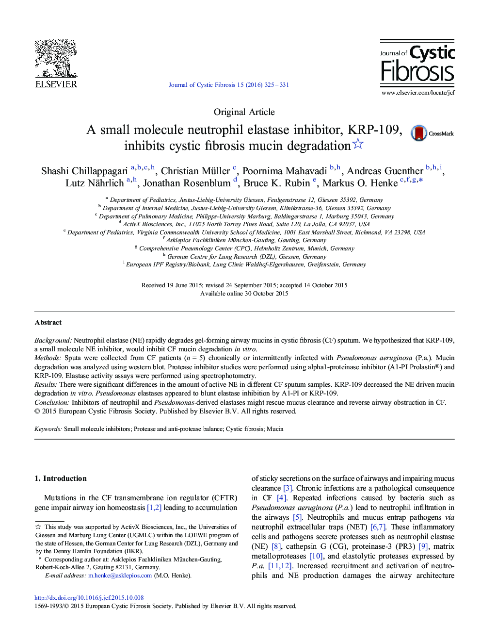 A small molecule neutrophil elastase inhibitor, KRP-109, inhibits cystic fibrosis mucin degradation