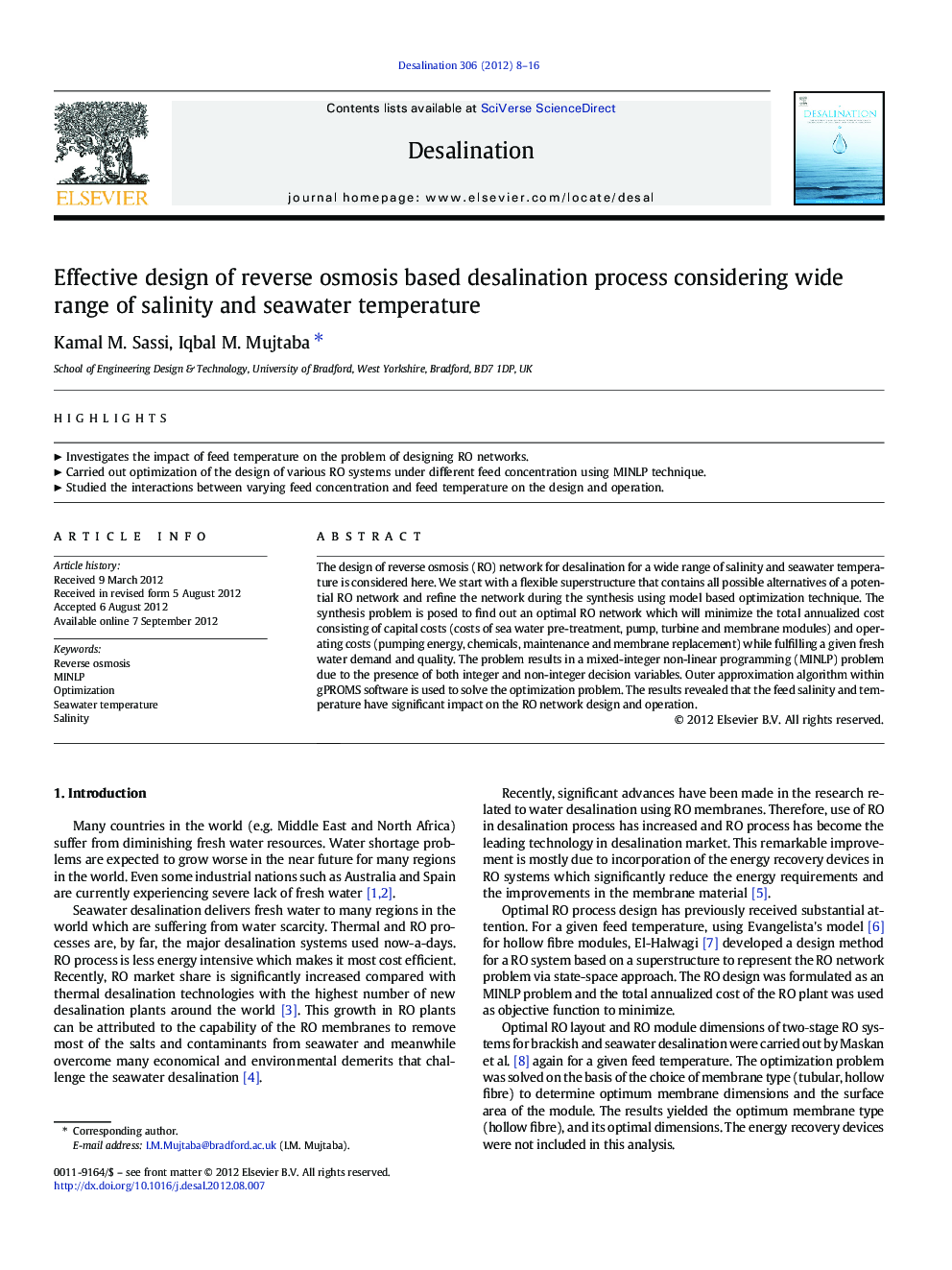 Effective design of reverse osmosis based desalination process considering wide range of salinity and seawater temperature