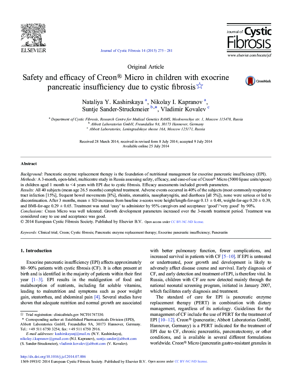 Safety and efficacy of Creon® Micro in children with exocrine pancreatic insufficiency due to cystic fibrosis