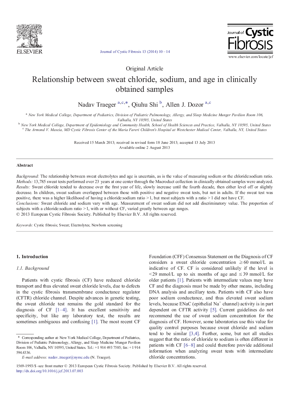 Relationship between sweat chloride, sodium, and age in clinically obtained samples