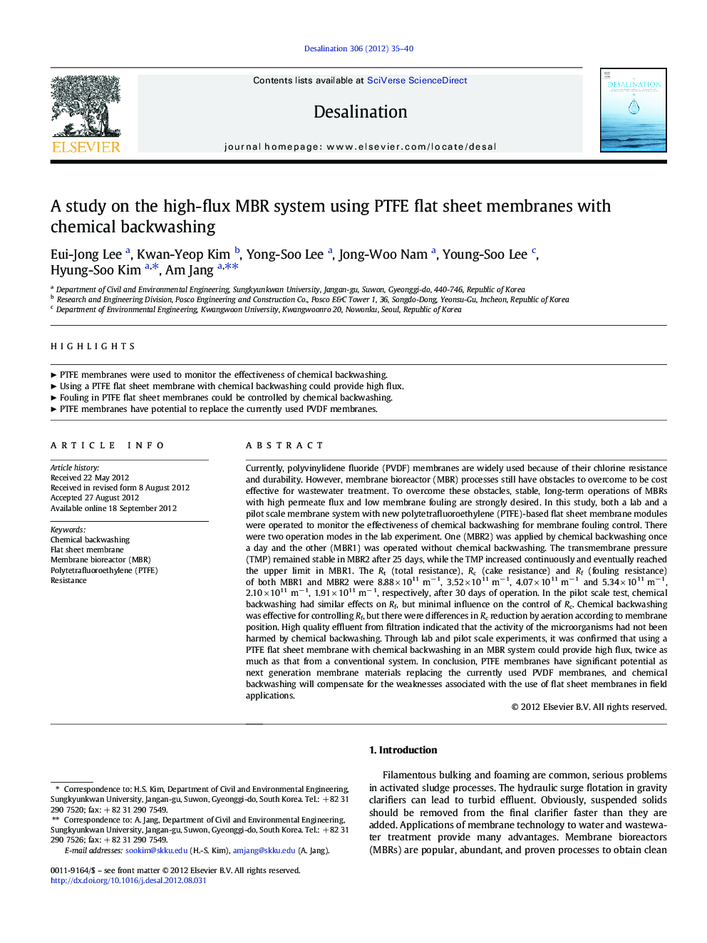 A study on the high-flux MBR system using PTFE flat sheet membranes with chemical backwashing