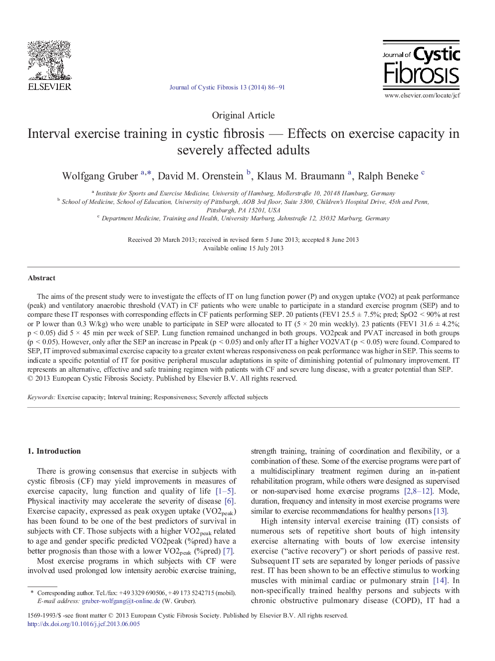 Interval exercise training in cystic fibrosis - Effects on exercise capacity in severely affected adults