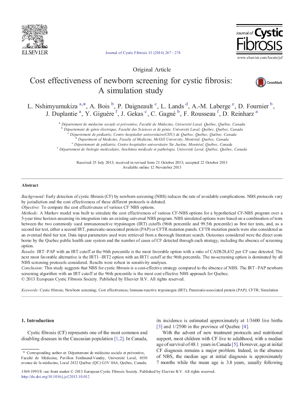 Cost effectiveness of newborn screening for cystic fibrosis: A simulation study