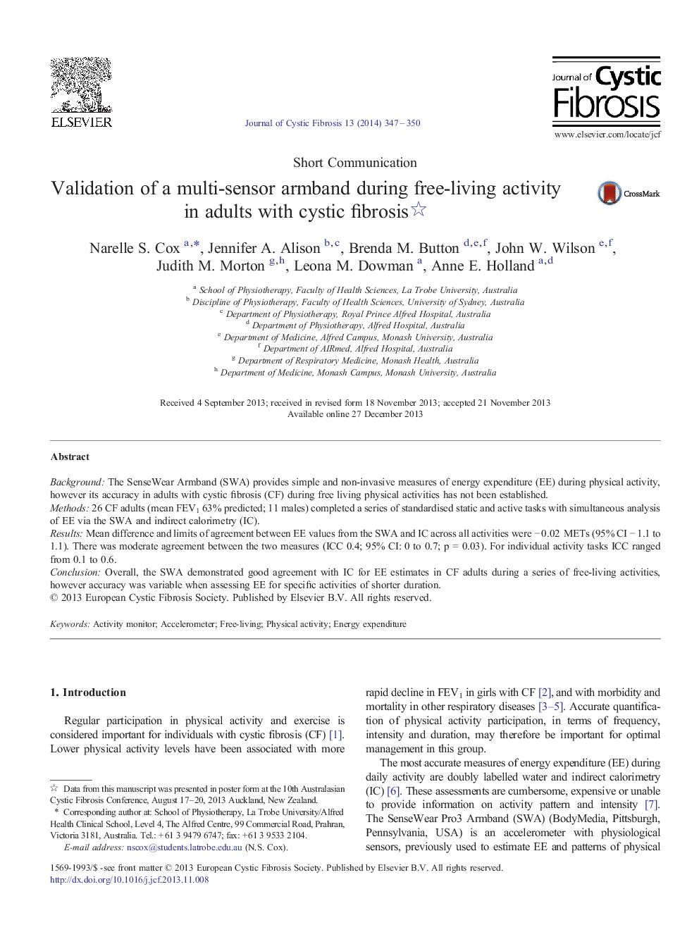 Validation of a multi-sensor armband during free-living activity in adults with cystic fibrosis