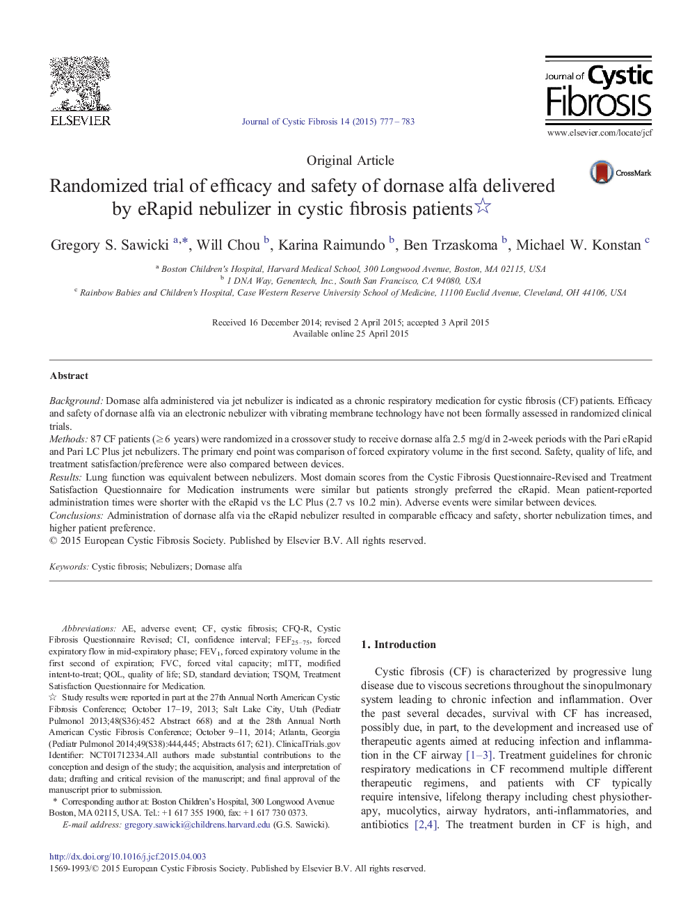 Randomized trial of efficacy and safety of dornase alfa delivered by eRapid nebulizer in cystic fibrosis patients