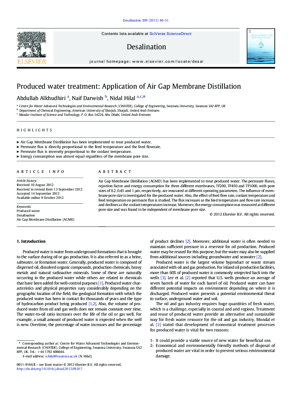 Produced water treatment: Application of Air Gap Membrane Distillation