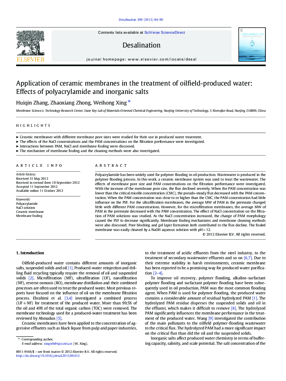 Application of ceramic membranes in the treatment of oilfield-produced water: Effects of polyacrylamide and inorganic salts