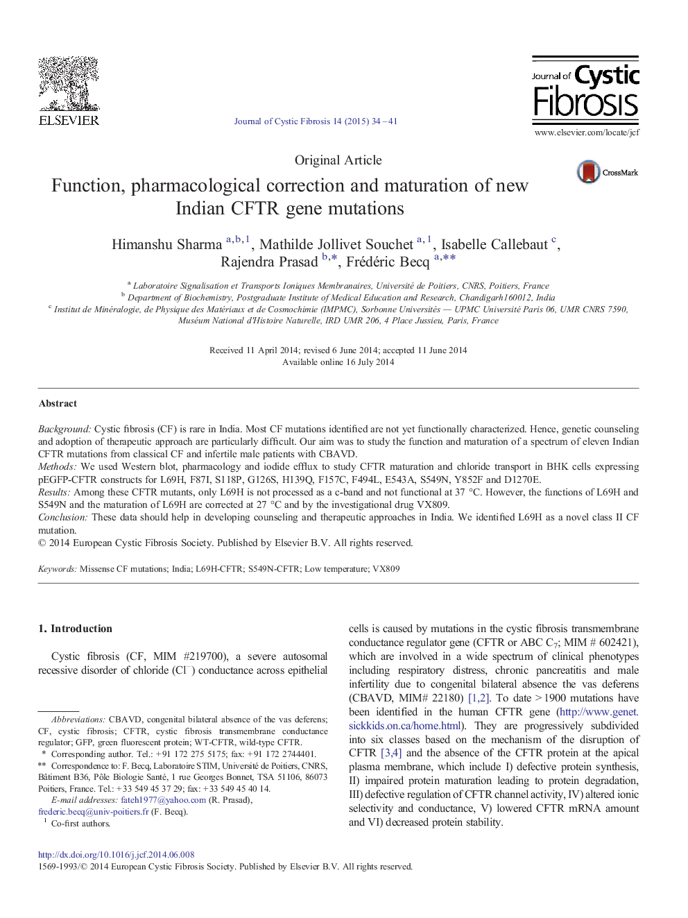 Function, pharmacological correction and maturation of new Indian CFTR gene mutations