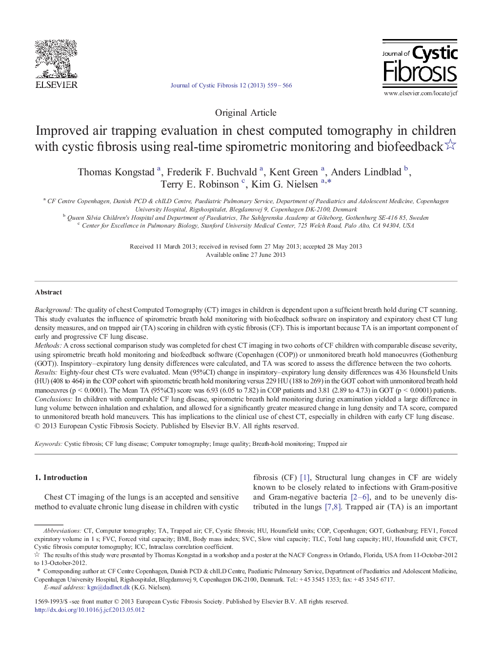 Improved air trapping evaluation in chest computed tomography in children with cystic fibrosis using real-time spirometric monitoring and biofeedback