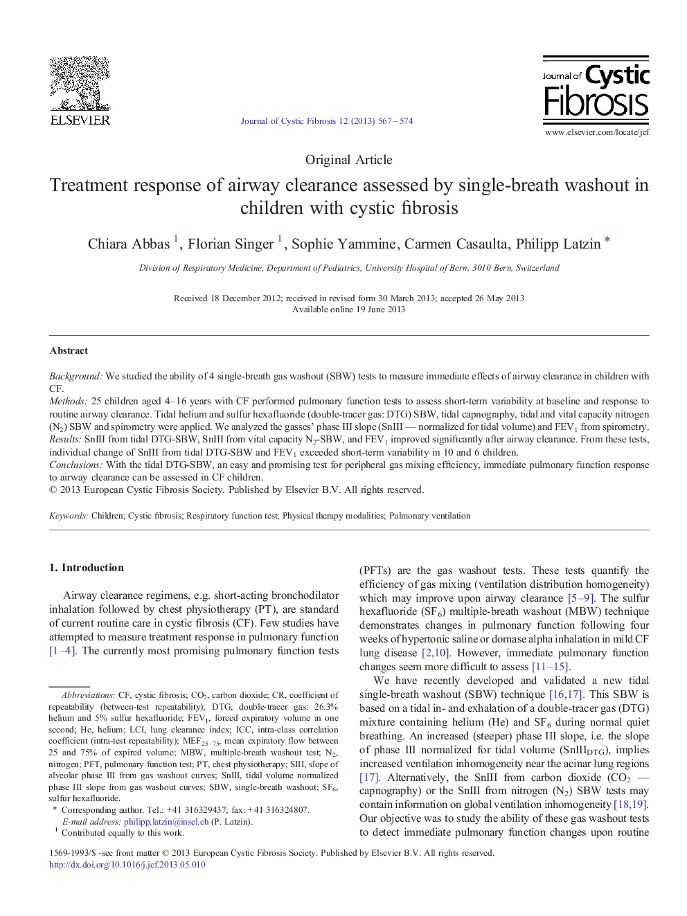 Treatment response of airway clearance assessed by single-breath washout in children with cystic fibrosis