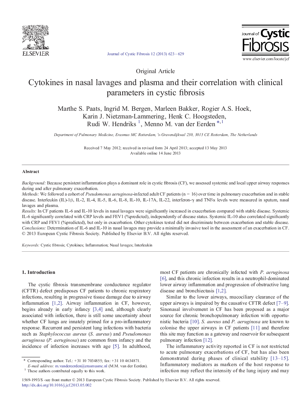 Cytokines in nasal lavages and plasma and their correlation with clinical parameters in cystic fibrosis