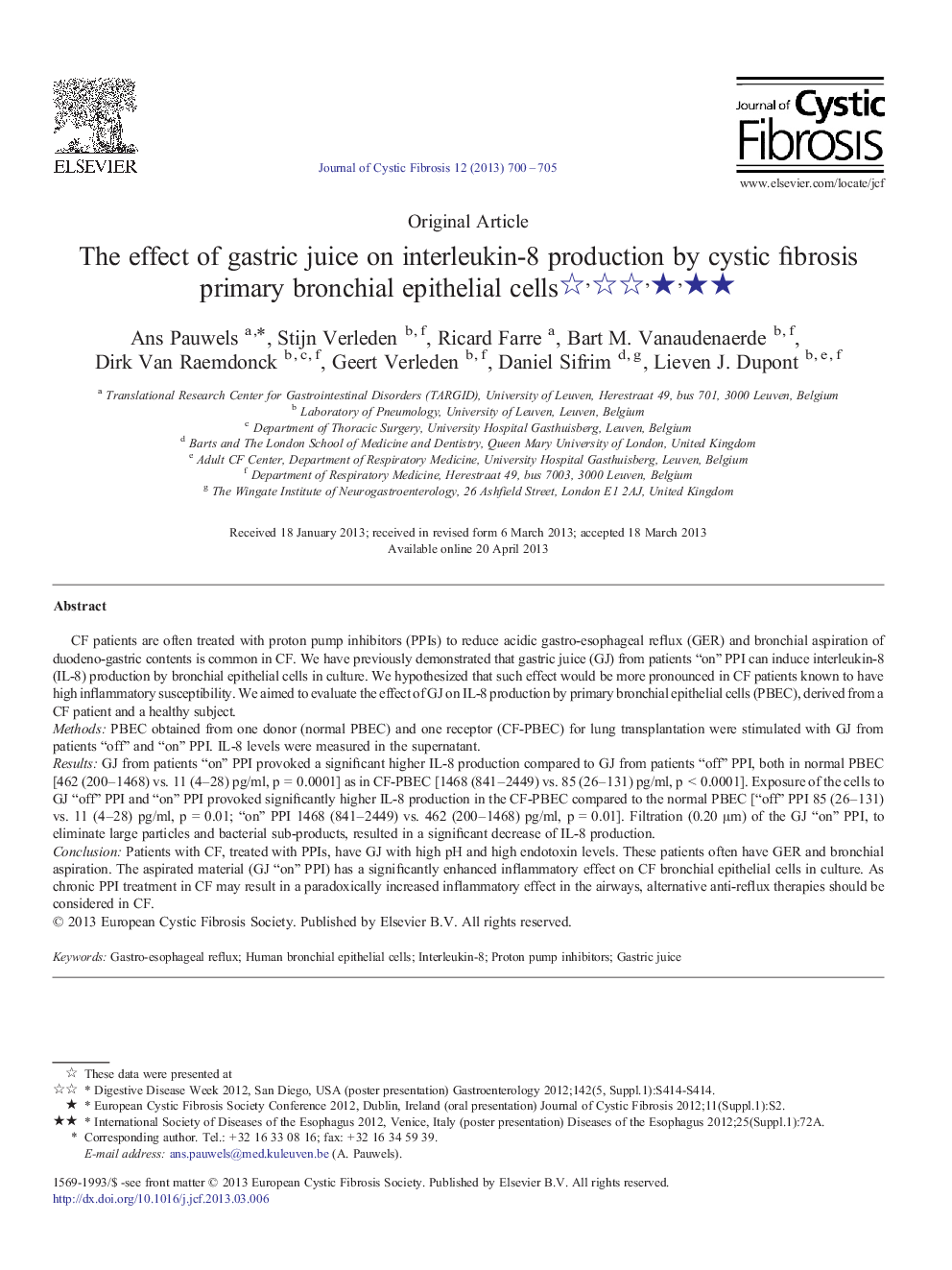 The effect of gastric juice on interleukin-8 production by cystic fibrosis primary bronchial epithelial cellsâââ