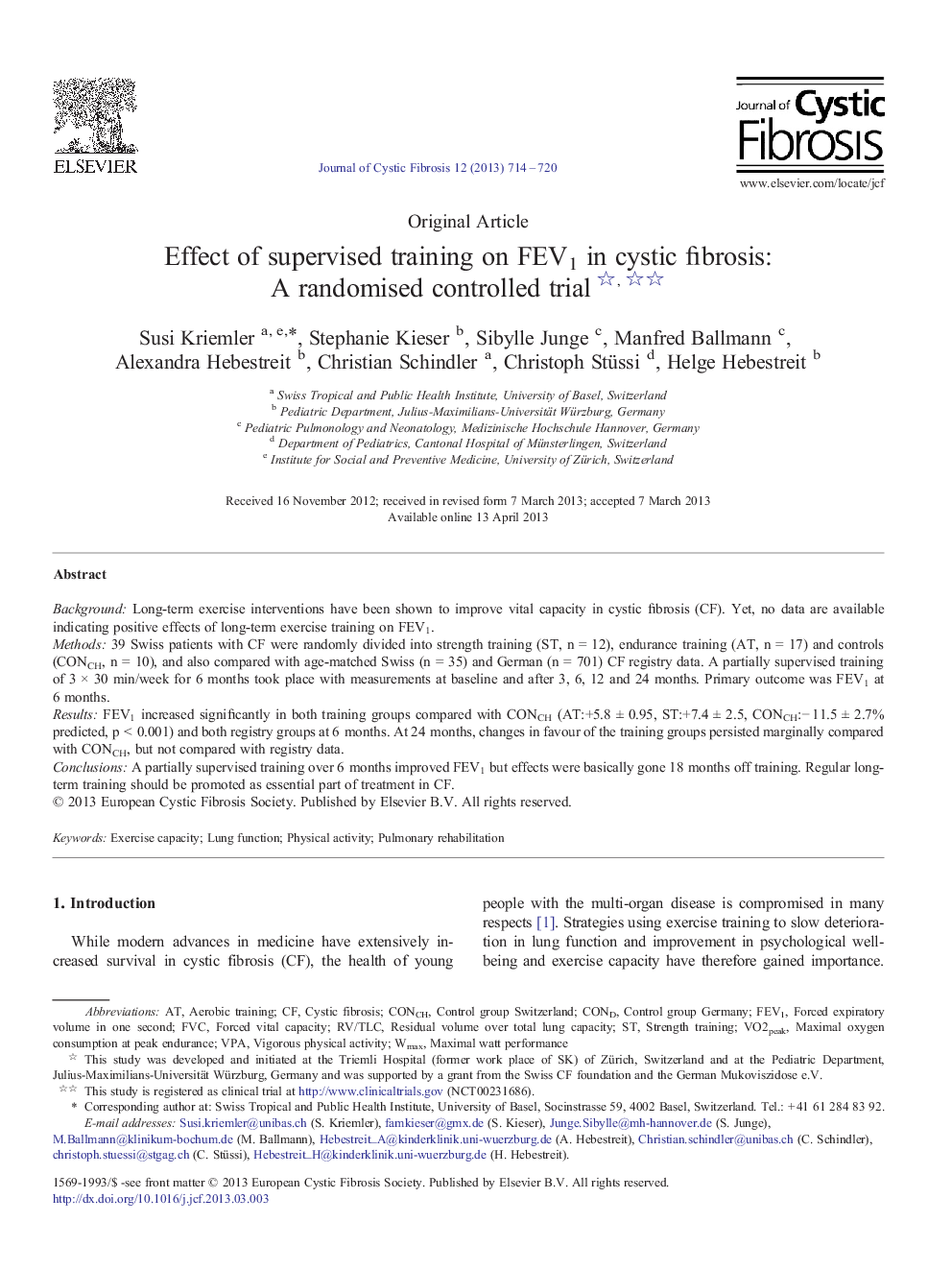 Effect of supervised training on FEV1 in cystic fibrosis: A randomised controlled trial