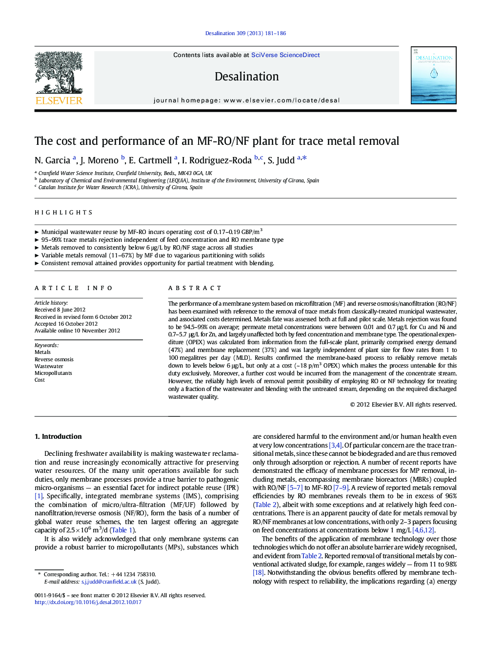 The cost and performance of an MF-RO/NF plant for trace metal removal