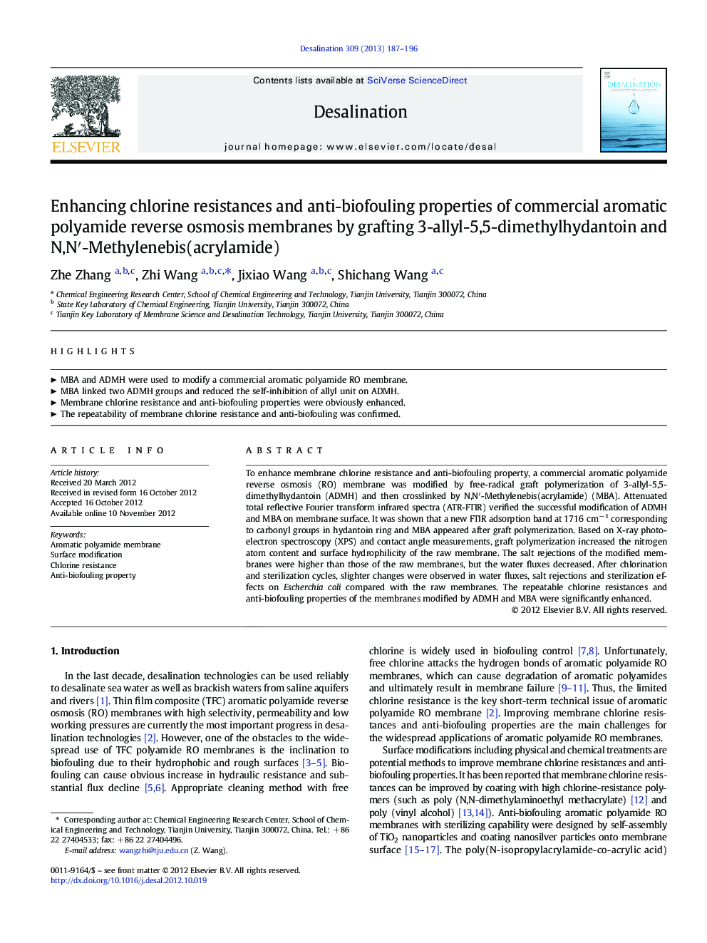Enhancing chlorine resistances and anti-biofouling properties of commercial aromatic polyamide reverse osmosis membranes by grafting 3-allyl-5,5-dimethylhydantoin and N,Nâ²-Methylenebis(acrylamide)