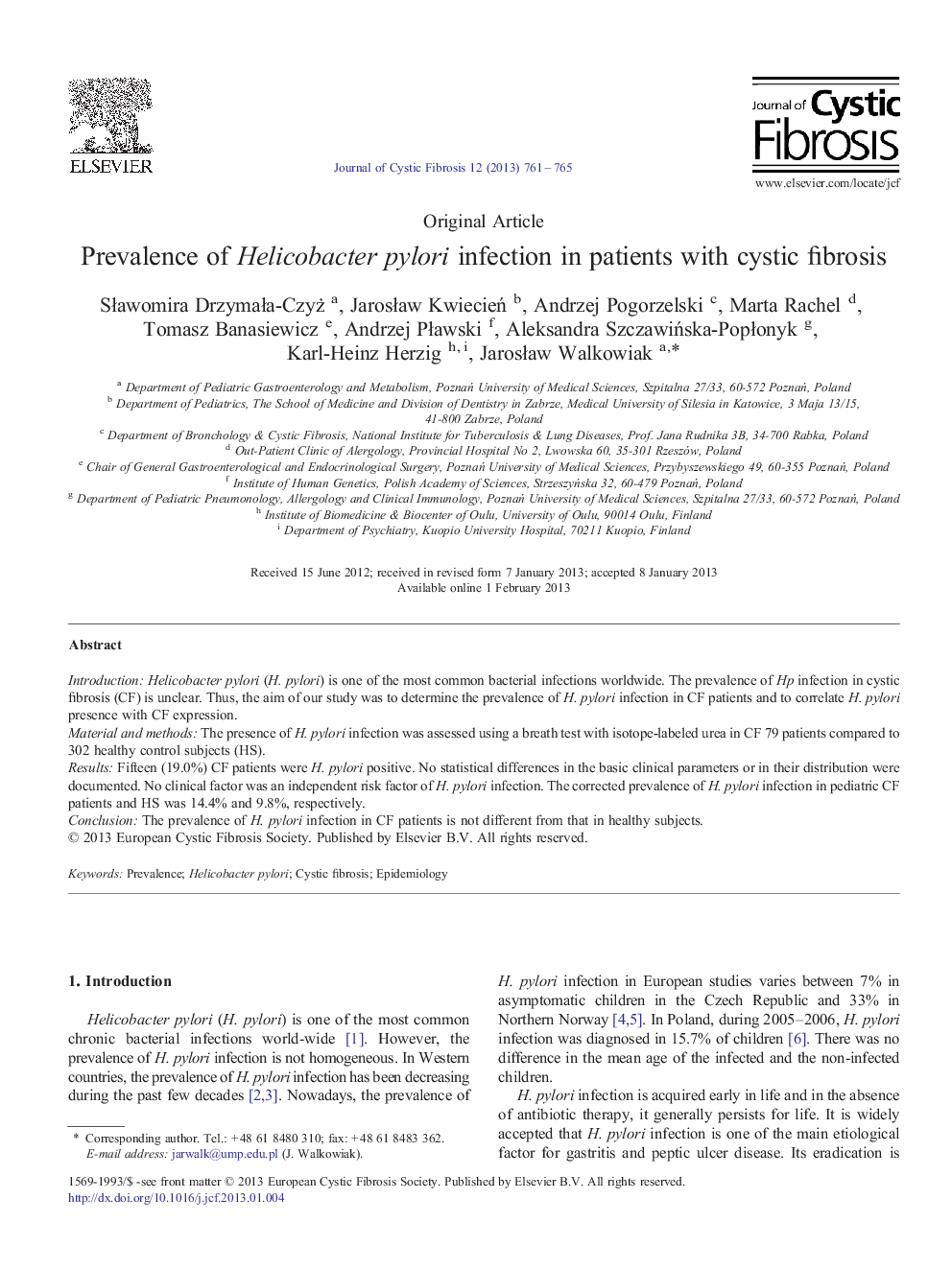 Prevalence of Helicobacter pylori infection in patients with cystic fibrosis