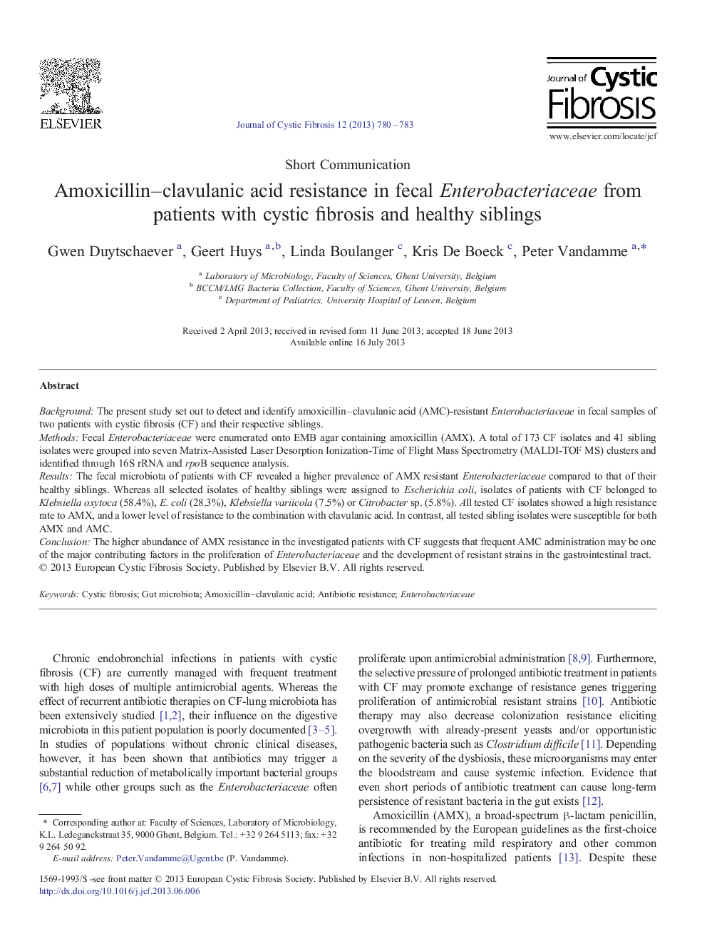 Amoxicillin-clavulanic acid resistance in fecal Enterobacteriaceae from patients with cystic fibrosis and healthy siblings