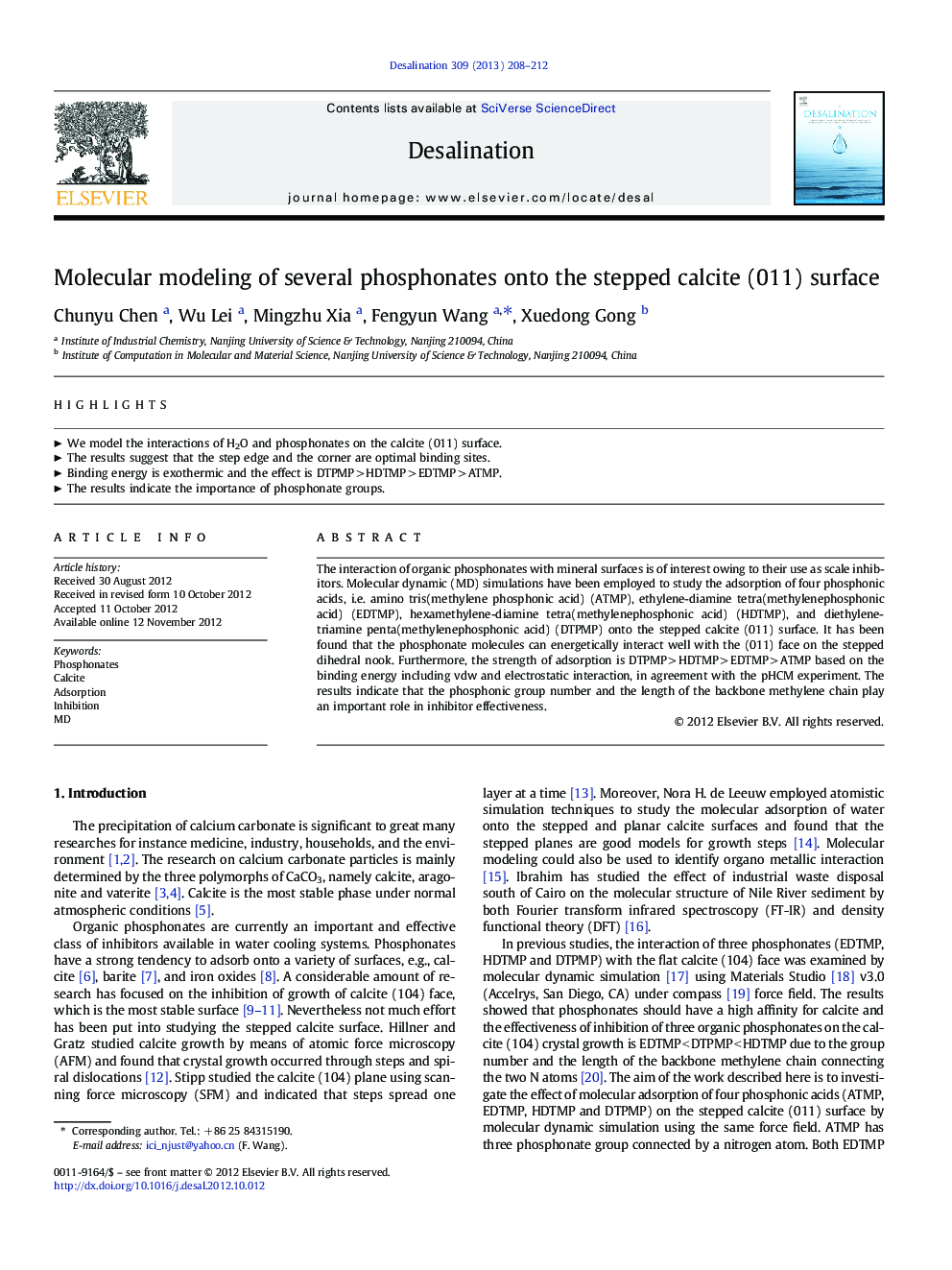 Molecular modeling of several phosphonates onto the stepped calcite (011) surface